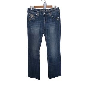 Grace in LA Women Bootcut Jeans Size 29 Embellished Cross Pocket Dark Wash Blue